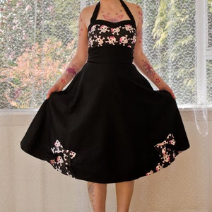 1950's Phoebe Style Rockabilly Pin up Dress with Skull Bodice and Sweetheart Neckline and Bow Detail custom made to fit image 3