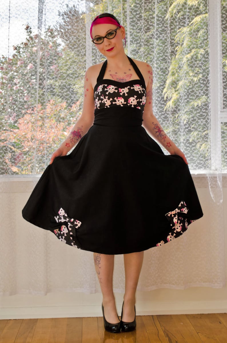 1950's Phoebe Style Rockabilly Pin up Dress with Skull Bodice and Sweetheart Neckline and Bow Detail custom made to fit image 3