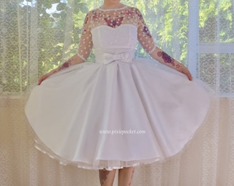 1950's "Anita" Polka Dot Wedding Dress with Sweetheart Neckline, Tulle Extra Full Circle Skirt and Petticoat - Custom made to fit