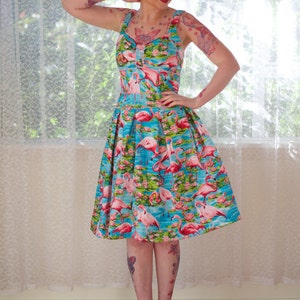 1950's Rockabilly Holly Dress with Pink Flamingos, Pleats, Ric Rac trim and Gathered Front Custom made to fit image 1