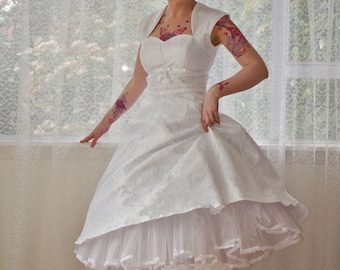 1950's "Nancy" White Wedding Dress with a Sweetheart Bodice, Lace Overlay, Ribbon Trim, Tea Length Skirt and Petticoat - Custom made to fit