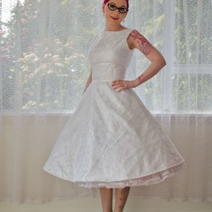 1950's cordelia White Wedding Dress With a Boat Neck, Lace Overlay ...