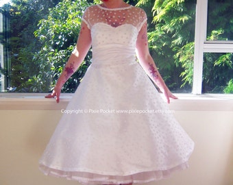 1950's "Annette" White Wedding Dress with Polka Dot Overlay, Sweetheart Neckline, Tea Length Skirt and Petticoat - Custom made to fit