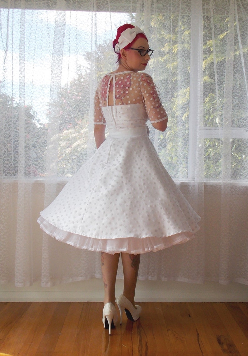 Ivory 1950's Annette Polka Dot Wedding Dress with Sweetheart Neckline, Tea Length Skirt and Petticoat Custom made to fit image 2