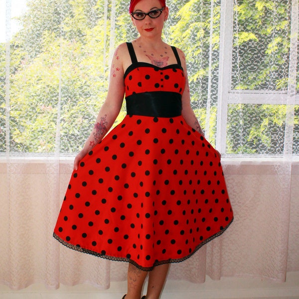 Pin Up Red  Dress with Black Polka Dots, Sweetheart Neckline and Black Trim 'Ladybird'  - Custom made to fit