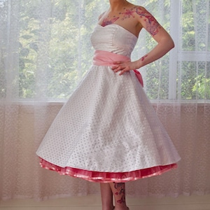 1950's 'Betty'  Style White Wedding Dress with Polka Dot Overlay, Sweetheart Neckline, Tea Length Skirt and Petticoat - Custom made to fit