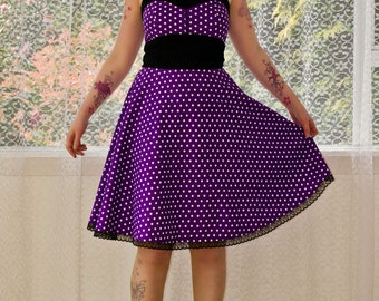 1950's Style "Michella"" Purple Polka Dot Dress with Sweetheart Neckline and Black Trim - Custom Made To Fit