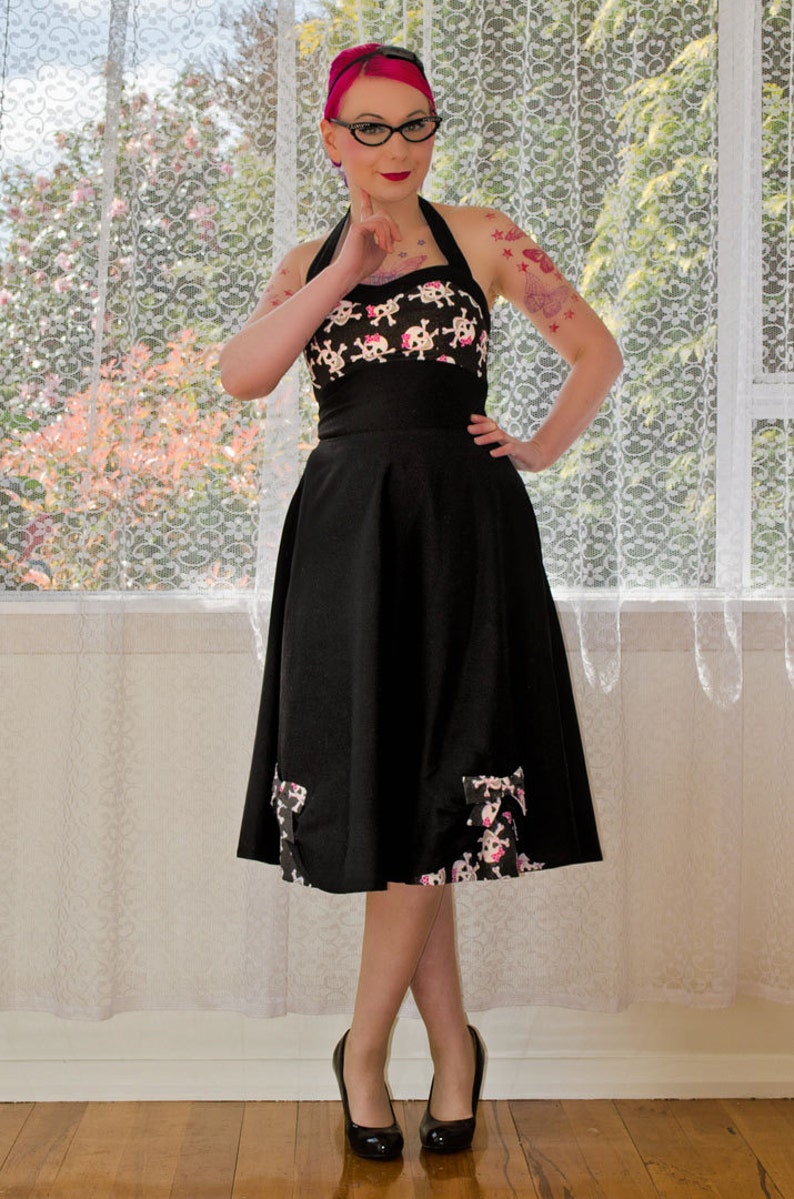 1950's Phoebe Style Rockabilly Pin up Dress with Skull Bodice and Sweetheart Neckline and Bow Detail custom made to fit image 2