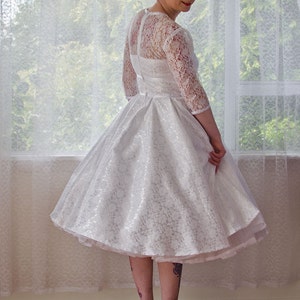 1950's Rockabilly LorilynWedding Dress with Sleeves, Lace Overlay, Ribbon Trim, Tea Length Skirt and Petticoat Custom made to fit image 2