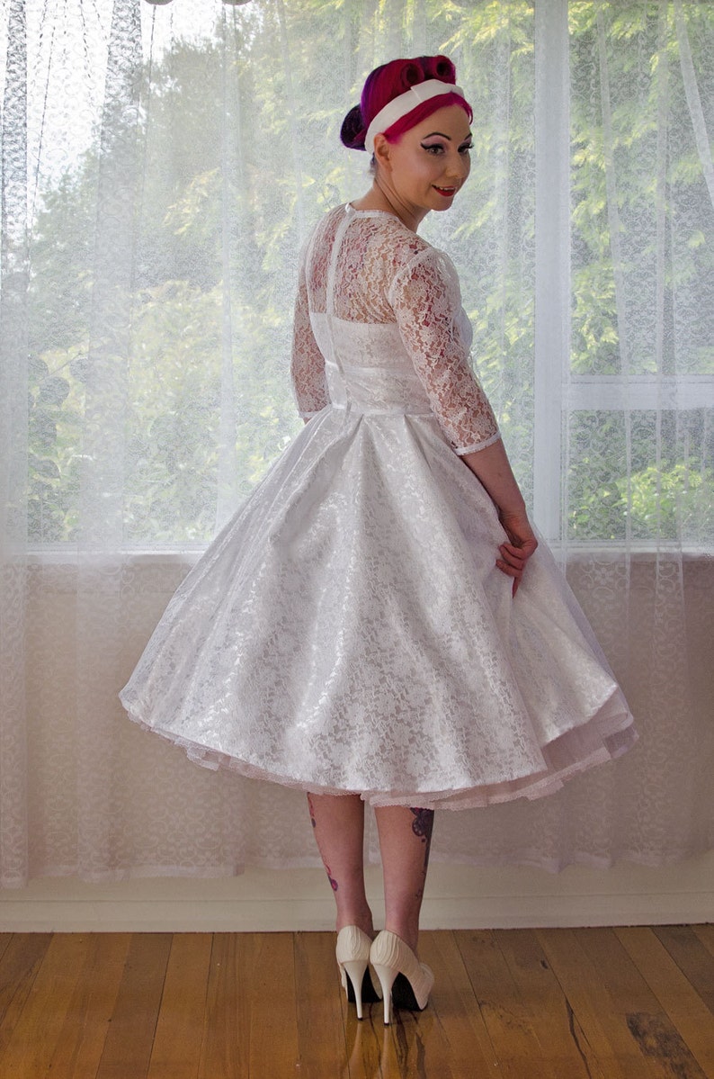 1950's Rockabilly LorilynWedding Dress with Sleeves, Lace Overlay, Ribbon Trim, Tea Length Skirt and Petticoat Custom made to fit image 2