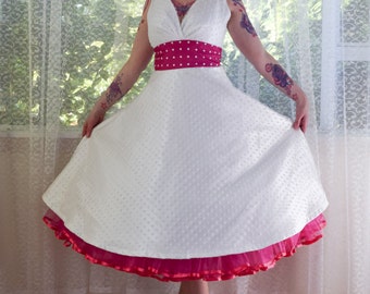 1950's Rockabilly "Fenella" Wedding Dress with Polka Dot Waistband and Matching Petticoat - Custom Made to Fit - Any Colour