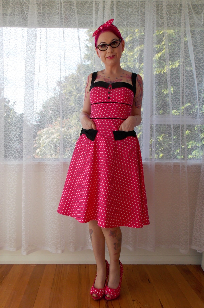 Rockabilly 1950s 'Jenny' Polka Dot Dress with Sweetheart Neckline, Black Lapels and Bow Pockets Any Colour Custom made to fit image 1