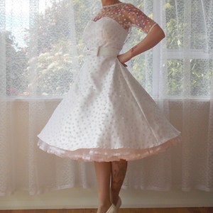 Ivory 1950's Annette Polka Dot Wedding Dress with Sweetheart Neckline, Tea Length Skirt and Petticoat Custom made to fit image 3