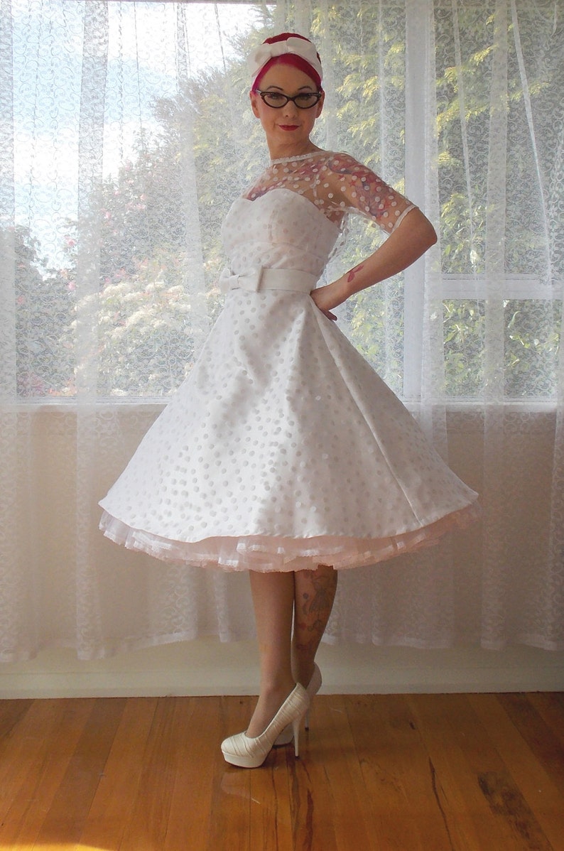 Ivory 1950's Annette Polka Dot Wedding Dress with Sweetheart Neckline, Tea Length Skirt and Petticoat Custom made to fit image 3