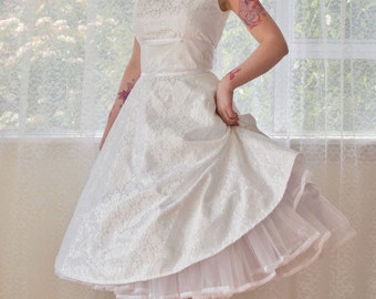 1950's "Cordelia" White Wedding Dress with a Boat Neck, Lace Overlay, Ribbon Trim, Tea Length Skirt and Petticoat - Custom made to fit