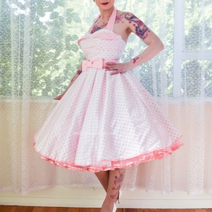 1950's 'Clover' Rockabilly Wedding Dress with Pink Polka Dot Overlay, Petal Bodice, Full Circle Skirt & Petticoat Custom made to fit image 2