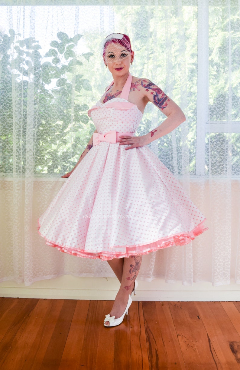 1950's 'Clover' Rockabilly Wedding Dress with Pink Polka Dot Overlay, Petal Bodice, Full Circle Skirt & Petticoat Custom made to fit image 2