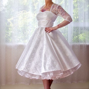 1950's Rockabilly LorilynWedding Dress with Sleeves, Lace Overlay, Ribbon Trim, Tea Length Skirt and Petticoat Custom made to fit image 1