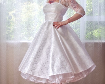 1950's Rockabilly "Lorilyn"Wedding Dress with Sleeves, Lace Overlay, Ribbon Trim, Tea Length Skirt and Petticoat - Custom made to fit