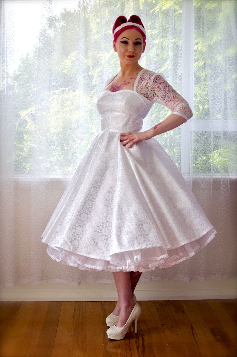 1950's Rockabilly LorilynWedding Dress with Sleeves, Lace Overlay, Ribbon Trim, Tea Length Skirt and Petticoat Custom made to fit image 1