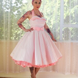 1950's 'Clover' Rockabilly Wedding Dress with Pink Polka Dot Overlay, Petal Bodice, Full Circle Skirt & Petticoat Custom made to fit image 3