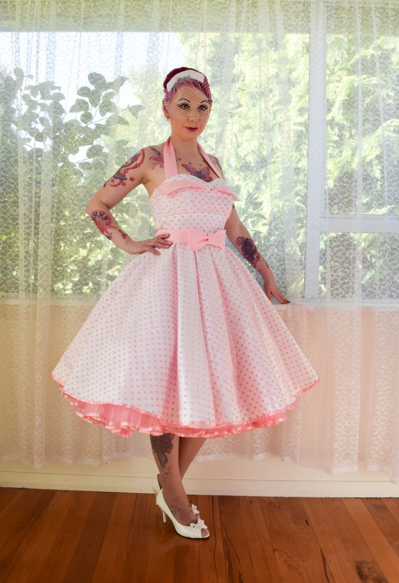 1950's 'Clover' Rockabilly Wedding Dress with Pink Polka Dot Overlay, Petal Bodice, Full Circle Skirt & Petticoat Custom made to fit image 3