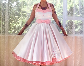 1950's Rockabilly 'Ruby' Wedding Dress with Lapels, Sash, Full Circle Tea Length Skirt and Petticoat - Custom Made to Fit