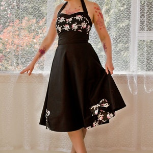 1950's Phoebe Style Rockabilly Pin up Dress with Skull Bodice and Sweetheart Neckline and Bow Detail custom made to fit image 4