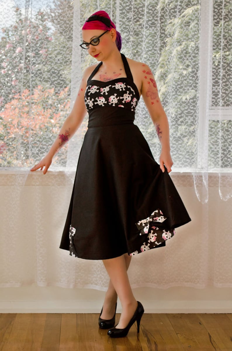 1950's Phoebe Style Rockabilly Pin up Dress with Skull Bodice and Sweetheart Neckline and Bow Detail custom made to fit image 4