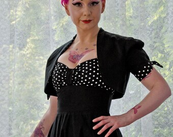 Polka Dot Bolero Jacket in Pin Up, 1950s and Rockabilly Black with Polka Dot Fabric Lapels and Sleeve Ties - Custom Made to Fit