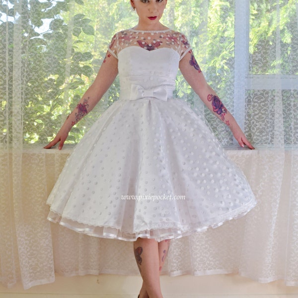 Ivory 1950's 'Mary Jane' Style Wedding Dress with Polka Dot Overlay, Sweetheart Neckline, Tea Length Skirt & Petticoat - Custom made to fit