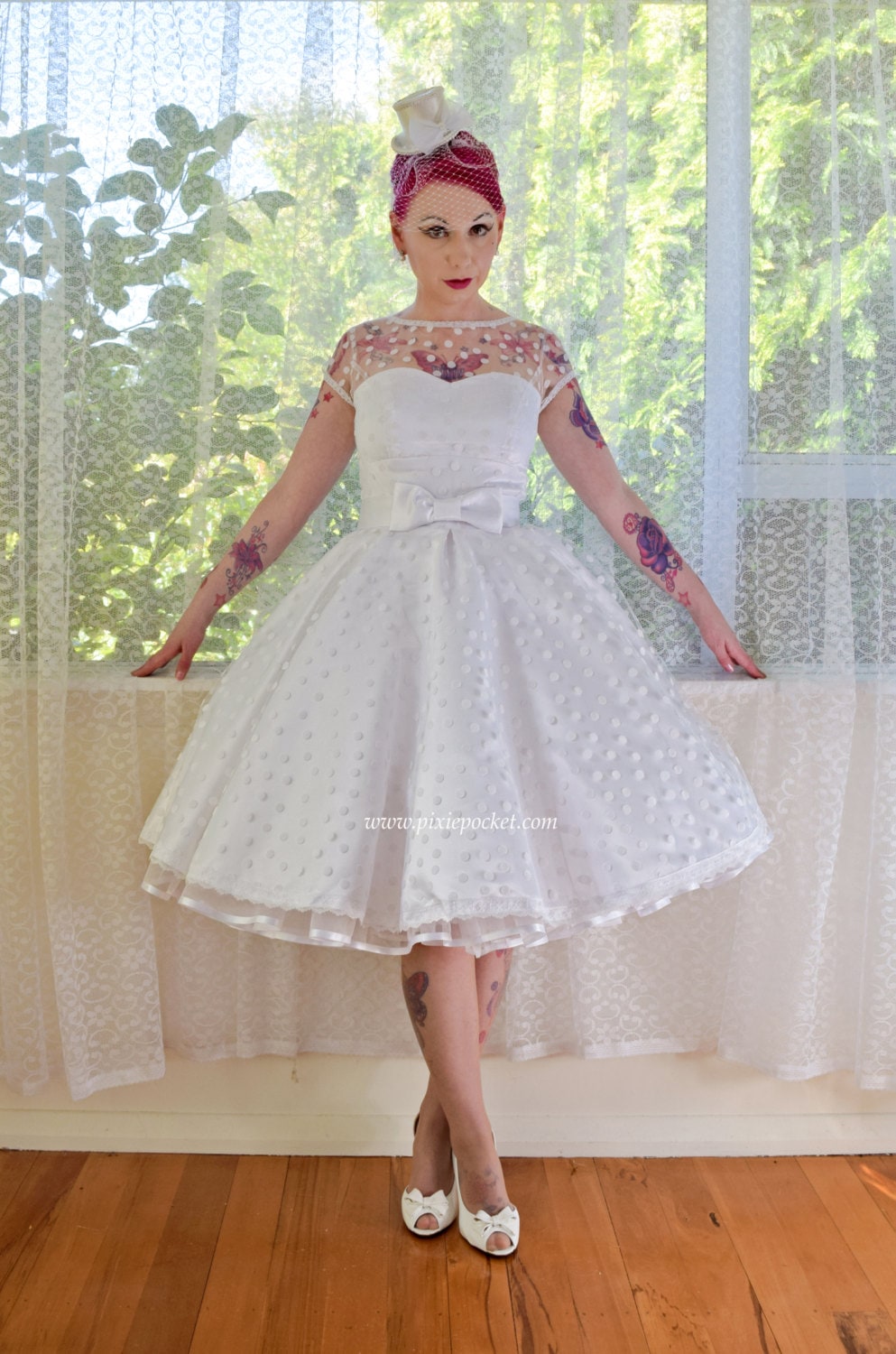 Ivory 8's 'Mary Jane' Style Wedding Dress with Polka Dot Overlay,  Sweetheart Neckline, Tea Length Skirt & Petticoat   Custom made to fit
