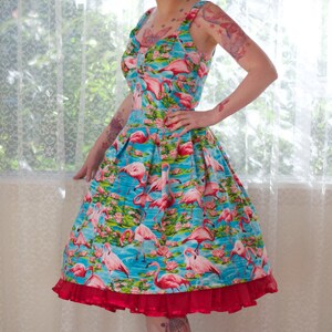 1950's Rockabilly Holly Dress with Pink Flamingos, Pleats, Ric Rac trim and Gathered Front Custom made to fit image 3