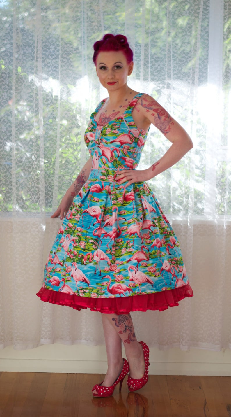 1950's Rockabilly Holly Dress with Pink Flamingos, Pleats, Ric Rac trim and Gathered Front Custom made to fit image 3