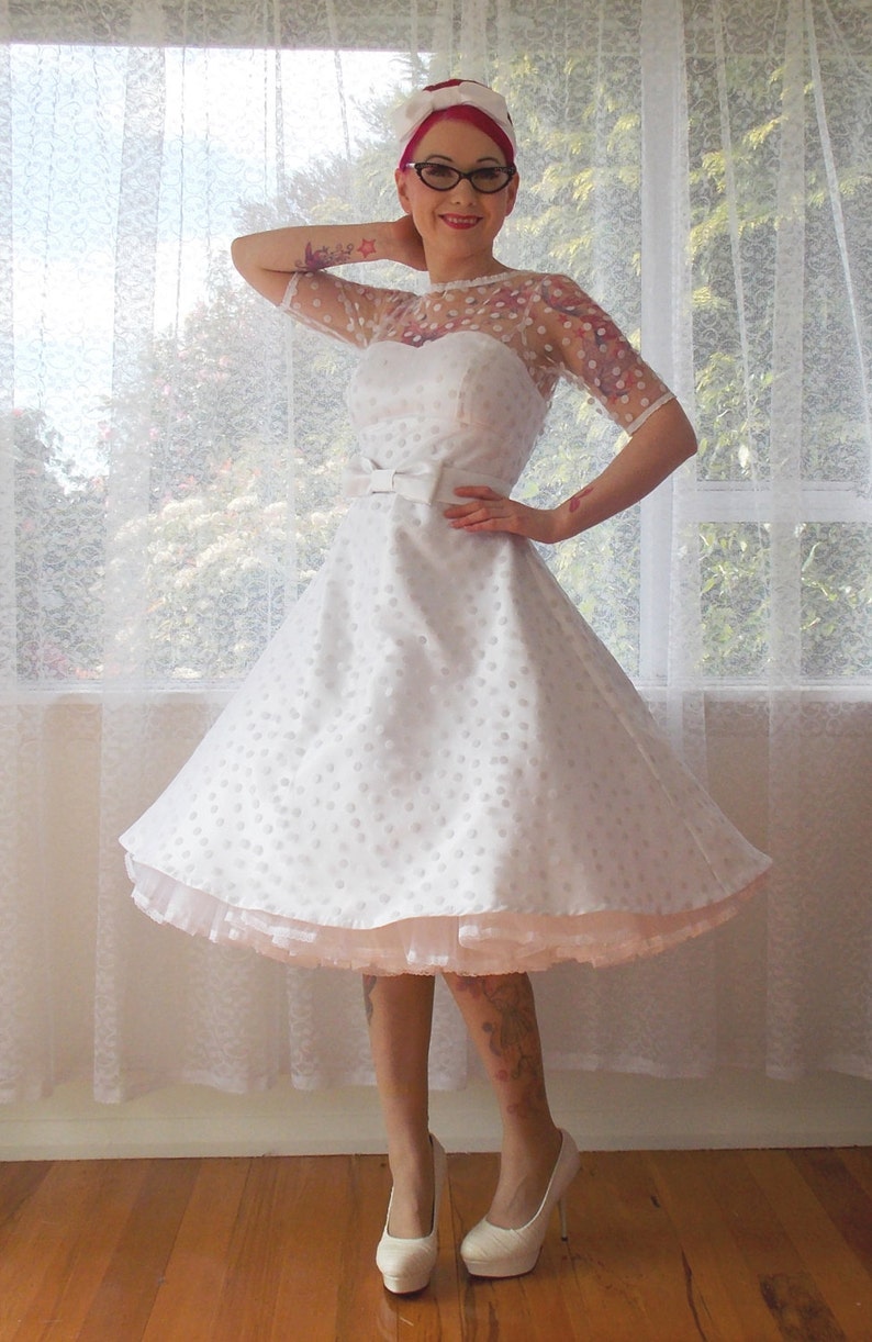 Ivory 1950's Annette Polka Dot Wedding Dress with Sweetheart Neckline, Tea Length Skirt and Petticoat Custom made to fit image 5