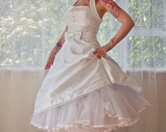 1950's Rockabilly 'Glenda' Polka Dot Wedding Dress with  Lapels, Bow Belt, Tea Length Skirt and Petticoat - Custom Made to Fit