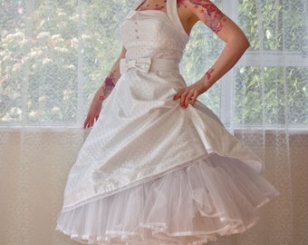 1950's Rockabilly 'Glenda' Polka Dot Wedding Dress with  Lapels, Bow Belt, Tea Length Skirt and Petticoat - Custom Made to Fit