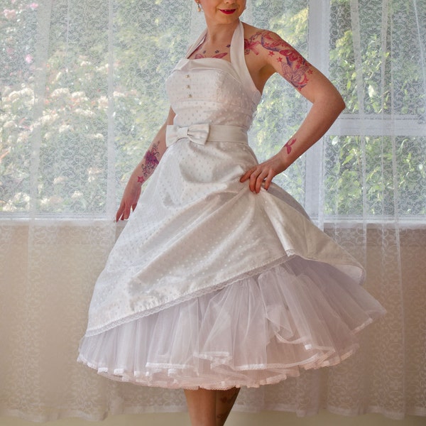 1950's Rockabilly 'Glenda' Polka Dot Wedding Dress with  Lapels, Bow Belt, Tea Length Skirt and Petticoat - Custom Made to Fit