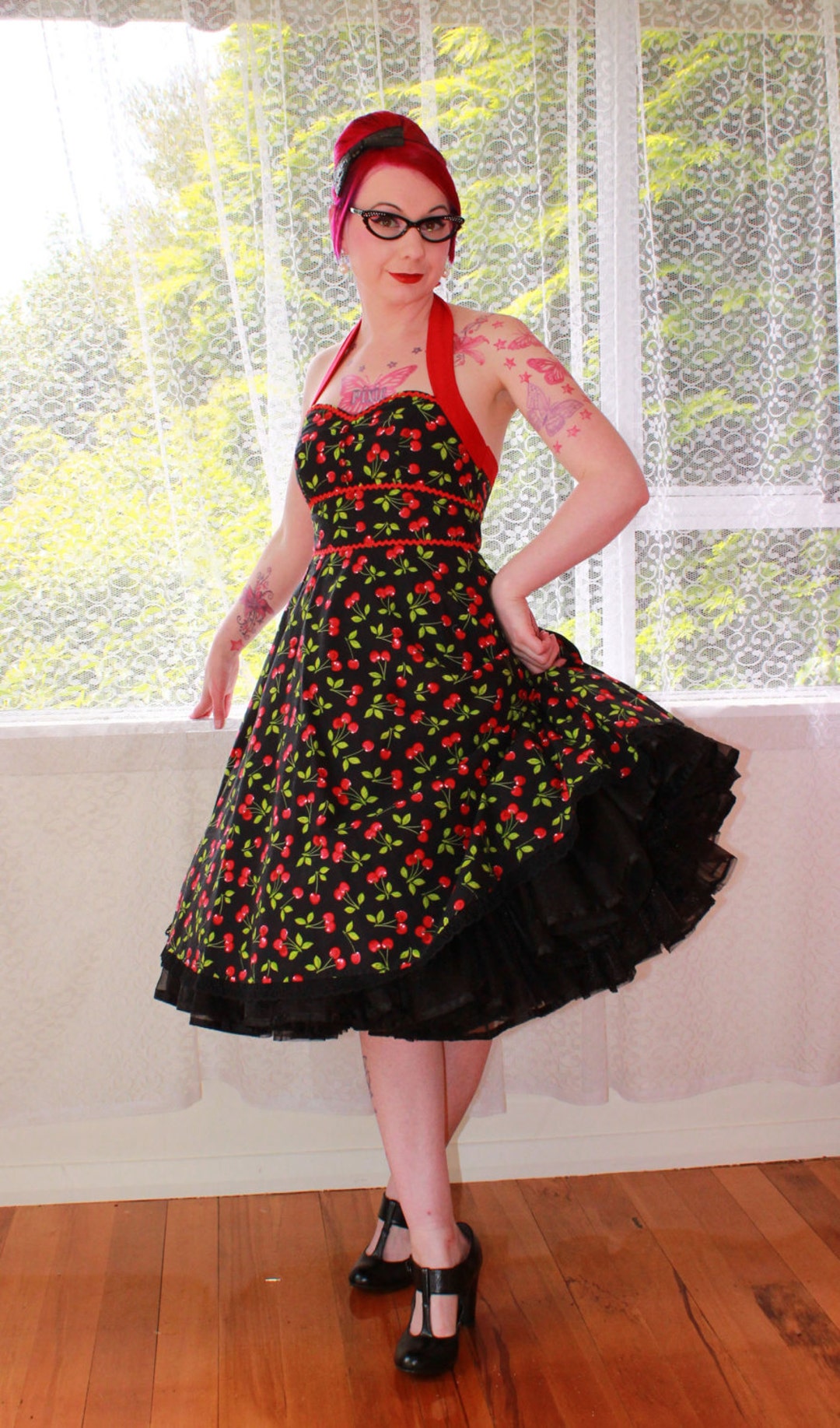 Rockabilly Cherry 'juanita' Dress With Red Cotton Sateen Trim, Red