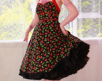 Rockabilly Cherry 'Juanita' Dress with Red Cotton Sateen Trim, Red Ric Rac Trim and Black Lace Hem - Custom made to fit