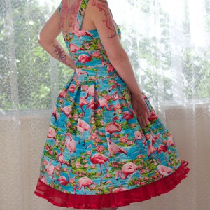 1950's Rockabilly Holly Dress with Pink Flamingos, Pleats, Ric Rac trim and Gathered Front Custom made to fit image 4