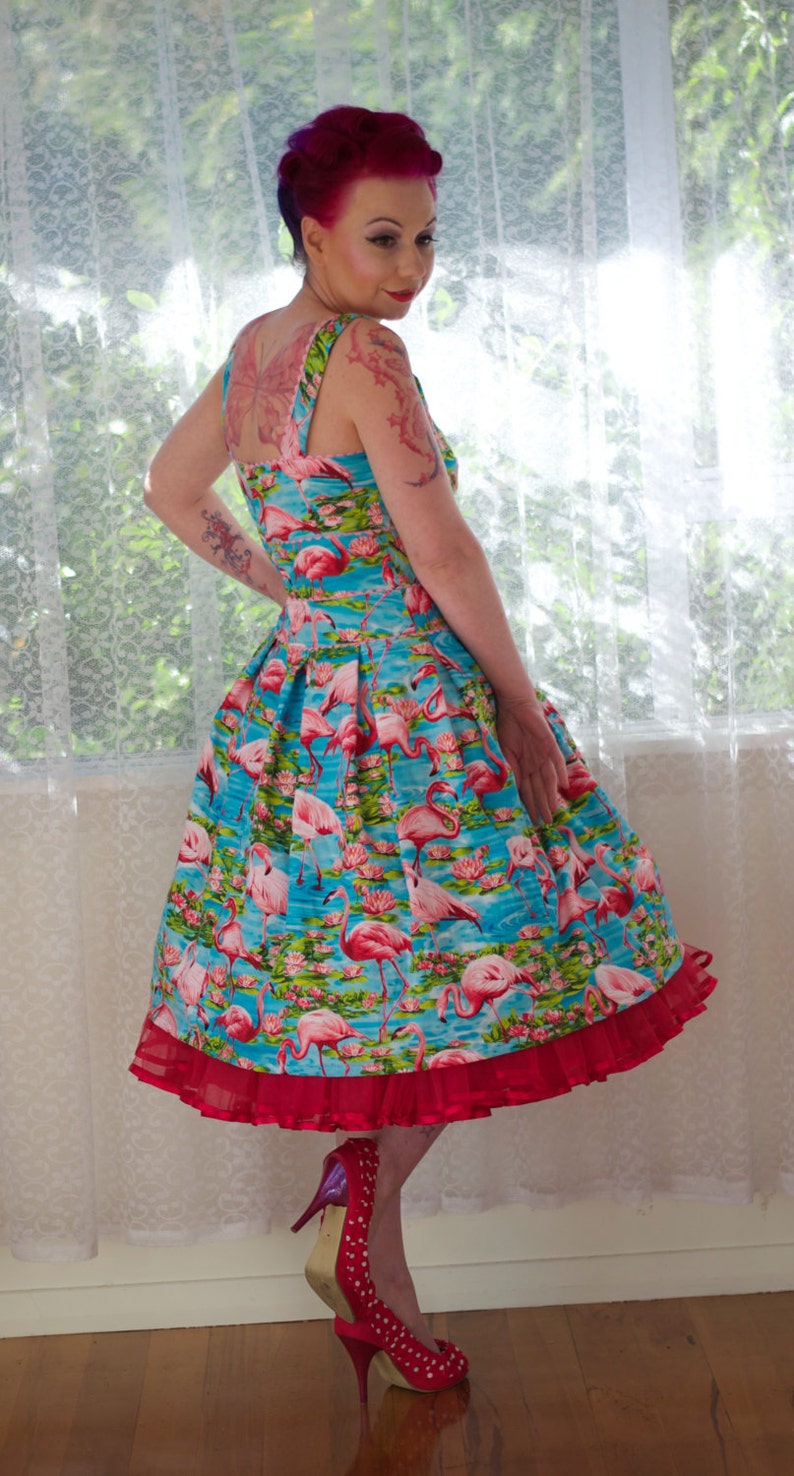 1950's Rockabilly Holly Dress with Pink Flamingos, Pleats, Ric Rac trim and Gathered Front Custom made to fit image 4