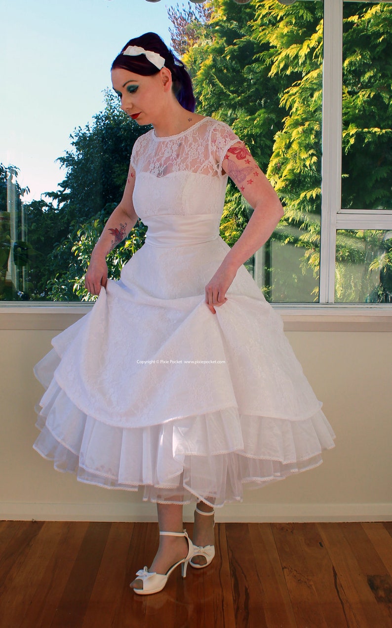 1950s Rockabilly Wedding Dress 'Lacey' with Lace Overlay, Sweetheart Neckline, Tea Length Skirt and Petticoat Custom made to fit image 2