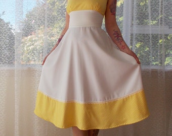 1950s Pin up White Sundress  "Beth"  with Yellow Gingham and Lace Trim  - custom made to fit