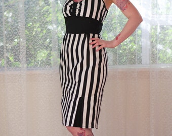 Rockabilly 'Nadia' Black and White Stripe Wiggle Dress with Gathered Front, Ric Rac Trim, Pencil Skirt and Front Pleats - Custom made to fit