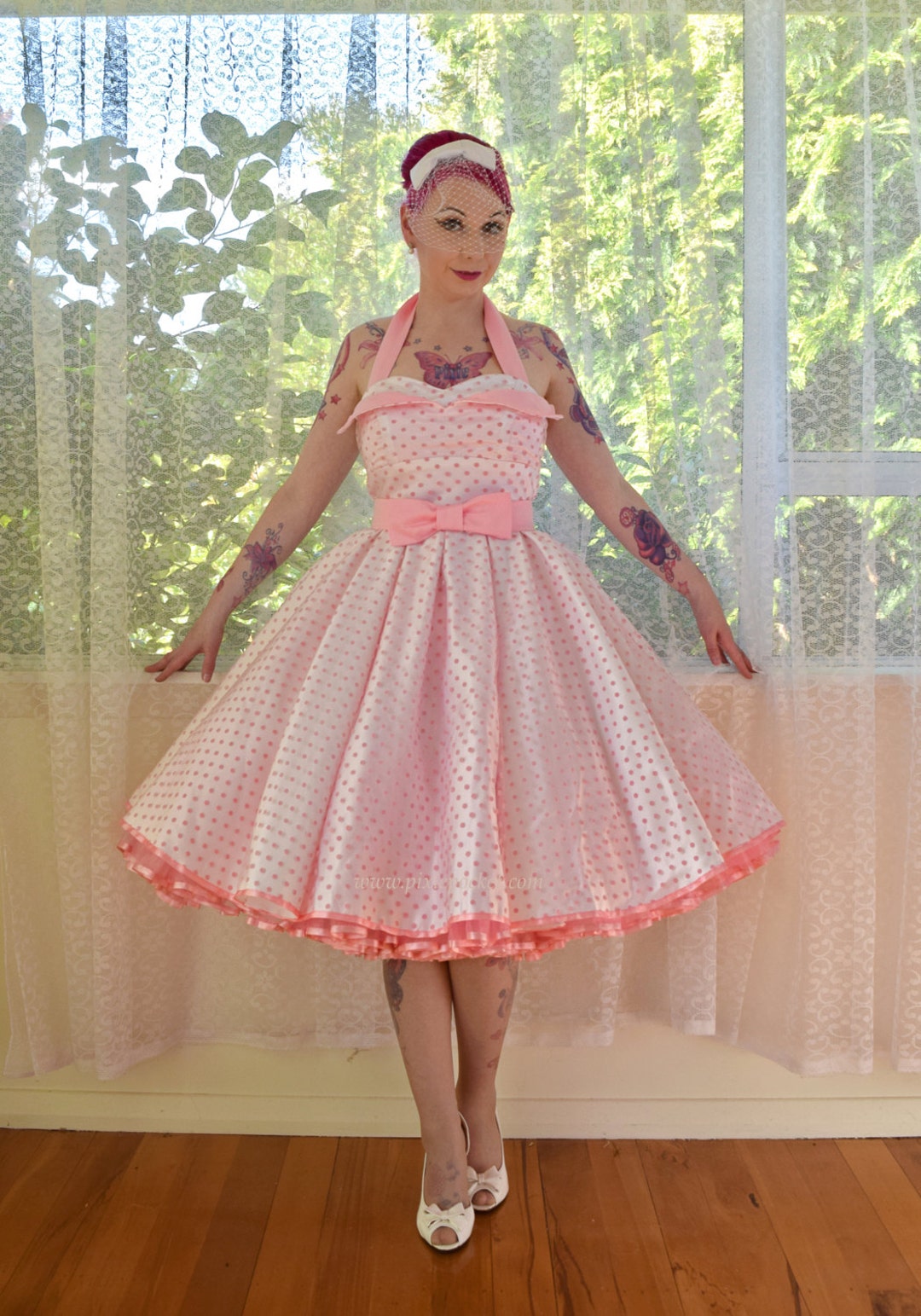 open lace back dress 1950s Vintage Short Pink Polka Dot Retro Wedding Dress Tea Length main image 0