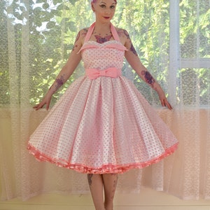 1950's 'Clover' Rockabilly Wedding Dress with Pink Polka Dot Overlay, Petal Bodice, Full Circle Skirt & Petticoat Custom made to fit image 1