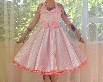 1950's 'Clover' Rockabilly Wedding Dress with Pink Polka Dot Overlay, Petal Bodice, Full Circle Skirt & Petticoat - Custom made to fit