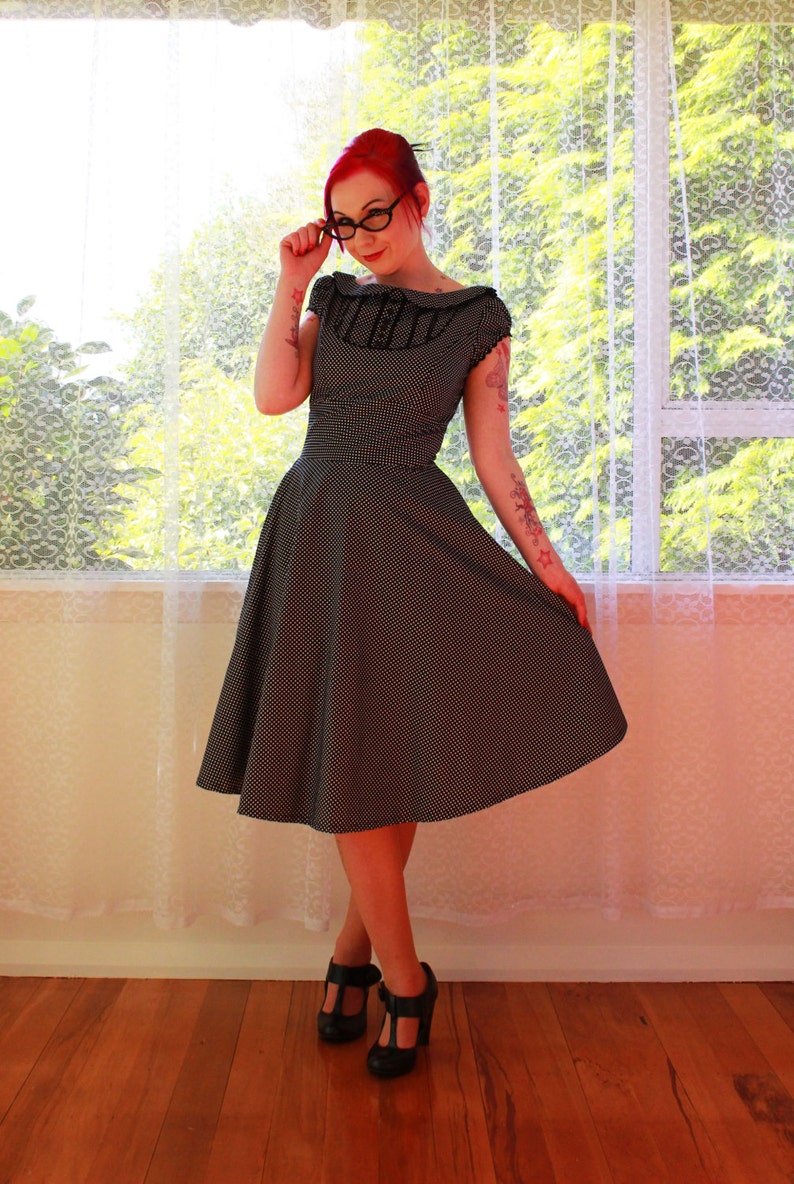 1950s Retro Mary Office Dress with Full Skirt, Peter Pan Collar and Puff Sleeves Any Colour Custom made to Fit image 1