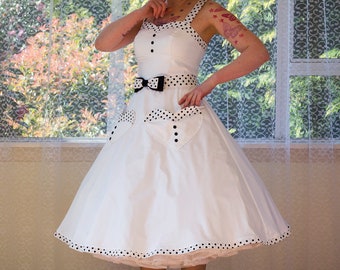 Jaren 1950 Rockabilly 'Elise' Trouwjurk, met Sweetheart Halslijn, Polka Dot Trim, Riem &Organza Petticoat- Elke Kleur - Op maat gemaakt om te passen